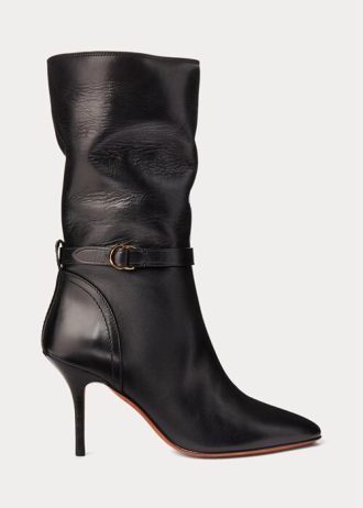 Černé dámské kožené kozačky Ralph Lauren Zoe do poloviny lýtek