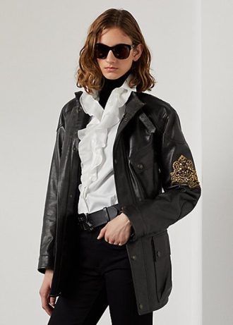 Černé dámské moto bundy Ralph Lauren Cadena z telecí kůže