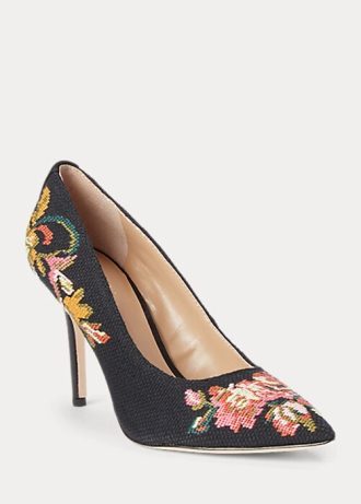 Černé dámské Ralph Lauren Lindella II Needlepoint & Semišové podpatky