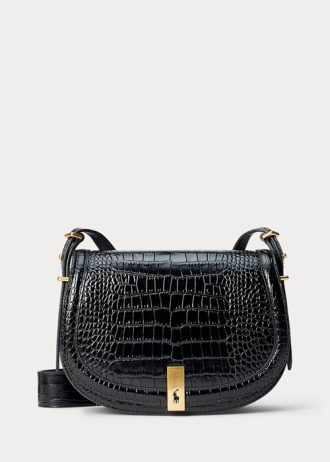 Černé dámské sedlové tašky Ralph Lauren Polo ID Croc-embossed