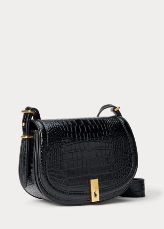 Černé dámské sedlové tašky Ralph Lauren Polo ID Croc-embossed