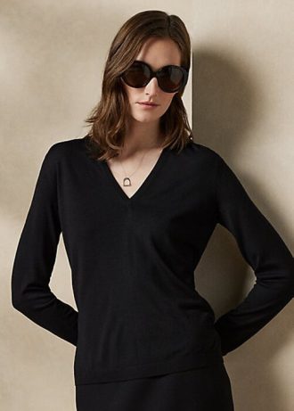 Černé dámské svetry Ralph Lauren Vlna s dlouhým rukávem a výstřihem do V