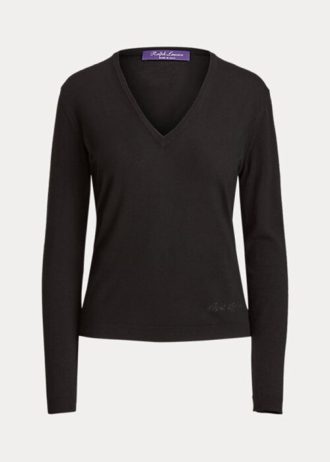 Černé dámské svetry Ralph Lauren Vlna s dlouhým rukávem a výstřihem do V