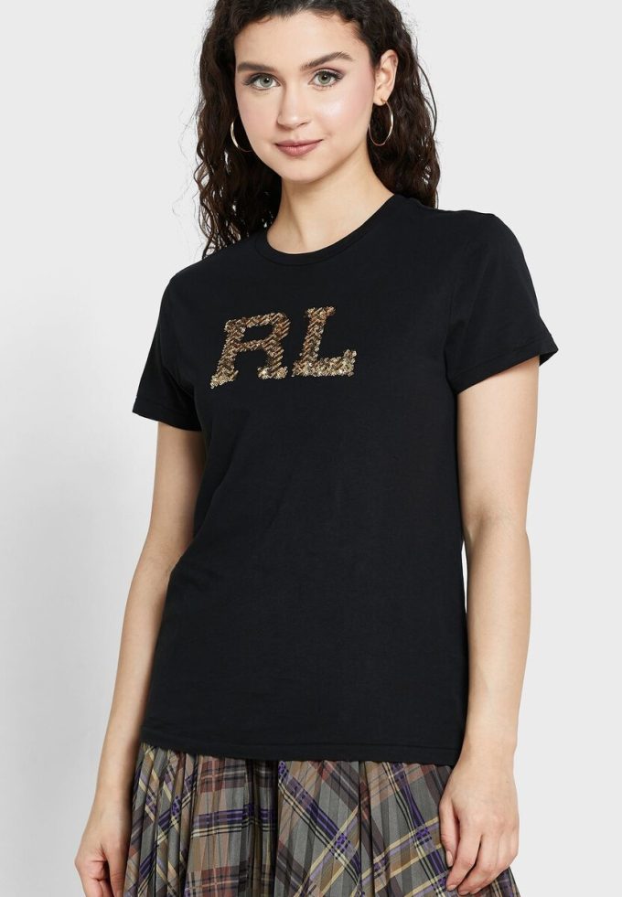 Černá dámská trička s logem Ralph Lauren s kulatým výstřihem Černá dámská trička s logem Ralph Lauren s kulatým výstřihem