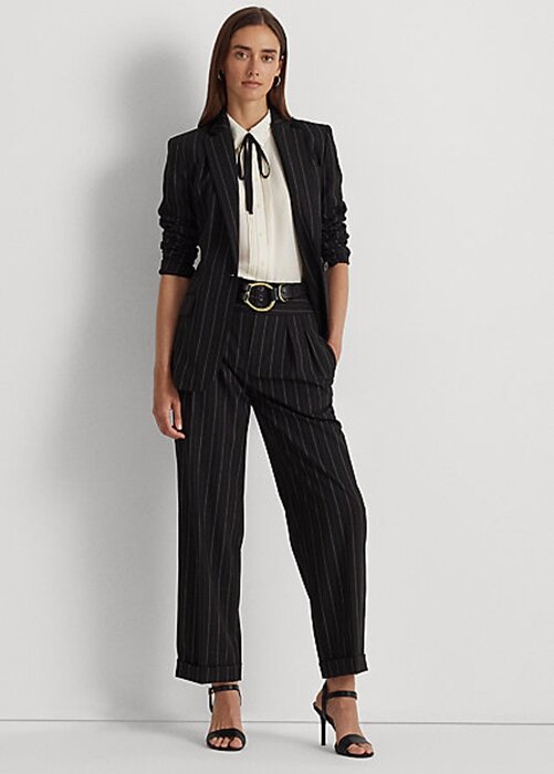 Černé dámské vlněné krepové široké kalhoty Ralph Lauren Pinstripe Černé dámské vlněné krepové široké kalhoty Ralph Lauren Pinstripe