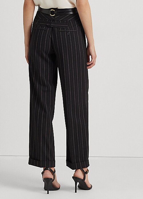 Černé dámské vlněné krepové široké kalhoty Ralph Lauren Pinstripe Černé dámské vlněné krepové široké kalhoty Ralph Lauren Pinstripe