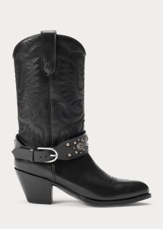 Černé dámské westernové boty Ralph Lauren s hřebínky z telecí kůže