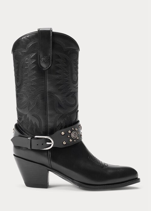 Černé dámské westernové boty Ralph Lauren s hřebínky z telecí kůže Černé dámské westernové boty Ralph Lauren s hřebínky z telecí kůže