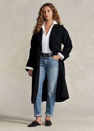 Černé dámské zavinovací kabáty Ralph Lauren Peak-Lapel z vlněné směsi