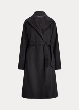 Černé dámské zavinovací kabáty Ralph Lauren Peak-Lapel z vlněné směsi