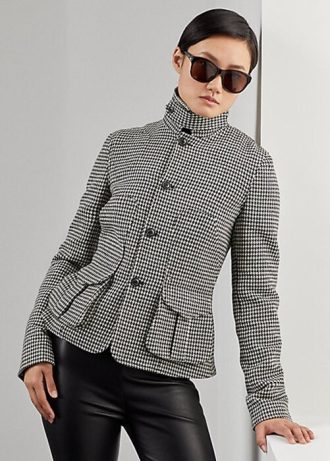 Černé/krémové dámské bundy Ralph Lauren Cartwright Houndstooth z vlněné směsi