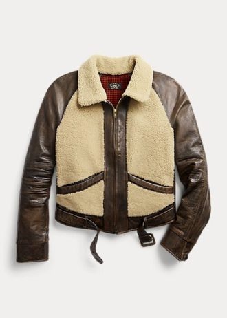 Černé / krémové dámské kožené bundy Ralph Lauren Shearling-Paneled