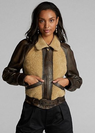 Černé / krémové dámské kožené bundy Ralph Lauren Shearling-Paneled