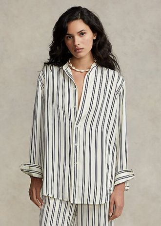 Černé/krémové dámské oversize pruhované saténové košile Ralph Lauren