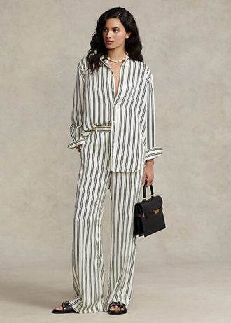 Černé/krémové dámské pruhované saténové široké kalhoty Ralph Lauren