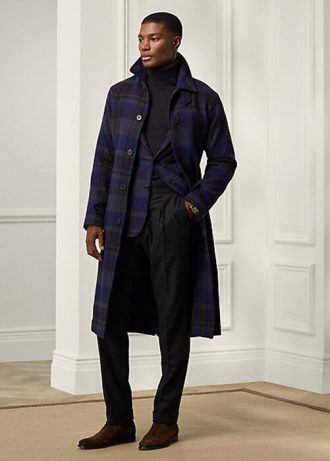 Černá / Nacy pánské Ralph Lauren kostkované vlněné keprové kabáty s balmacaánem