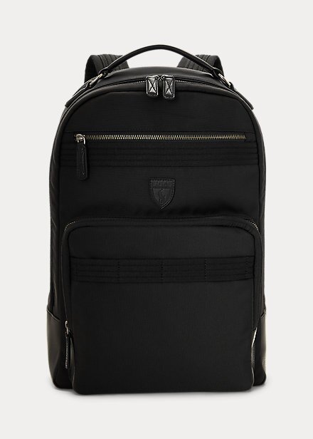 Černé pánské cestovní batohy Ralph Lauren s koženým lemem Černé pánské cestovní batohy Ralph Lauren s koženým lemem