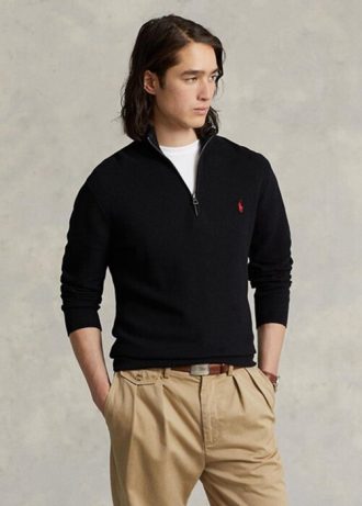 Černé pánské svetry Ralph Lauren síťované bavlněné svetry se čtvrtky na zip