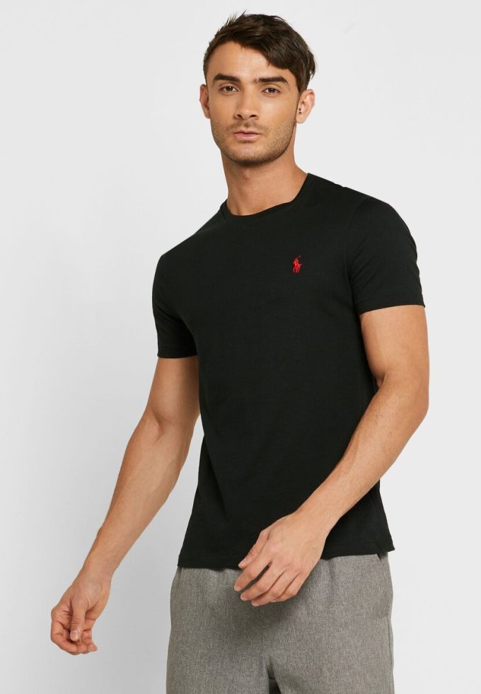 Černá pánská trička Ralph Lauren s vyšívaným logem s výstřihem