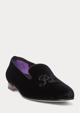 Černé pánské vyšívané sametové společenské boty Ralph Lauren Alonzo