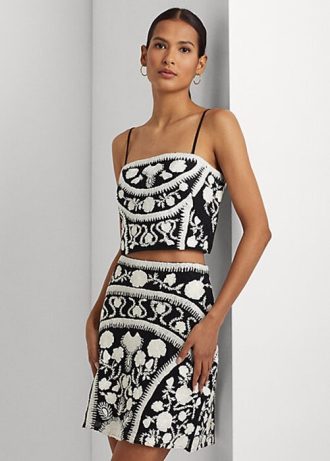 Černo/bílé dámské vyšívané topy halenky bez rukávů Ralph Lauren
