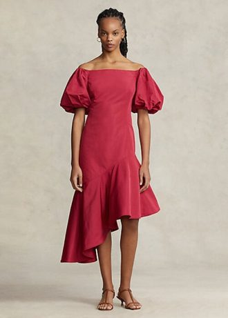 Červené dámské šaty Ralph Lauren nařasené asymetrické taftové šaty