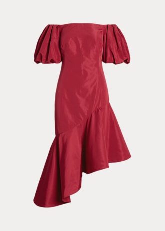Červené dámské šaty Ralph Lauren nařasené asymetrické taftové šaty