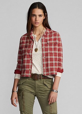 Červené dámské košile Ralph Lauren s kostkovaným potiskem Jersey Camp