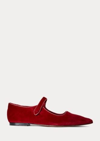 Červené dámské ploché boty Ralph Lauren Velvet Mary Jane Pointed