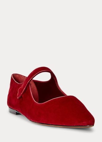 Červené dámské ploché boty Ralph Lauren Velvet Mary Jane Pointed