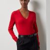 Červené dámské svetry Ralph Lauren z vlny s dlouhým rukávem a výstřihem do V