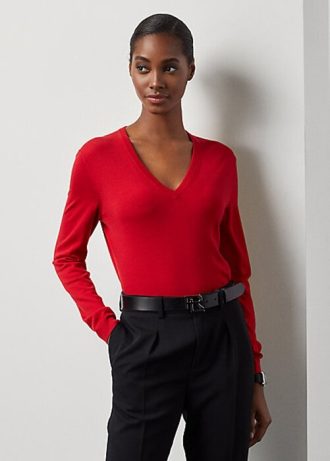 Červené dámské svetry Ralph Lauren z vlny s dlouhým rukávem a výstřihem do V