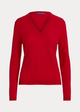 Červené dámské svetry Ralph Lauren z vlny s dlouhým rukávem a výstřihem do V