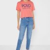 Červená dámská trička s grafickým logem Ralph Lauren Červená dámská trička s grafickým logem Ralph Lauren