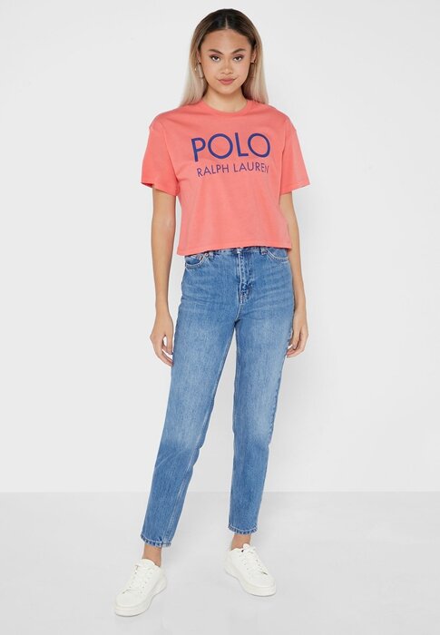 Červená dámská trička s grafickým logem Ralph Lauren Červená dámská trička s grafickým logem Ralph Lauren