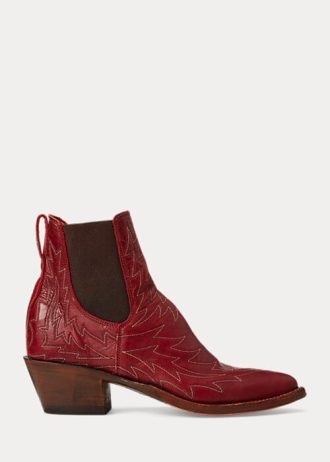 Červené dámské vyšívané kožené boty Ralph Lauren Lottie