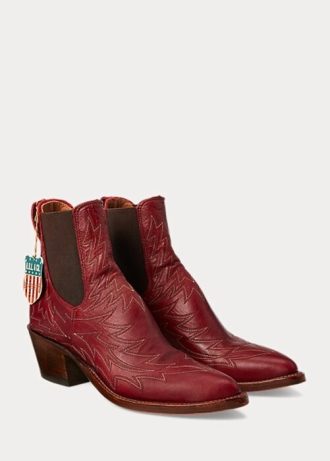 Červené dámské vyšívané kožené boty Ralph Lauren Lottie