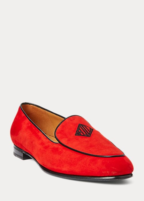 Červené dámské vyšívané kozí semišové mokasíny Ralph Lauren Laurel Červené dámské vyšívané kozí semišové mokasíny Ralph Lauren Laurel