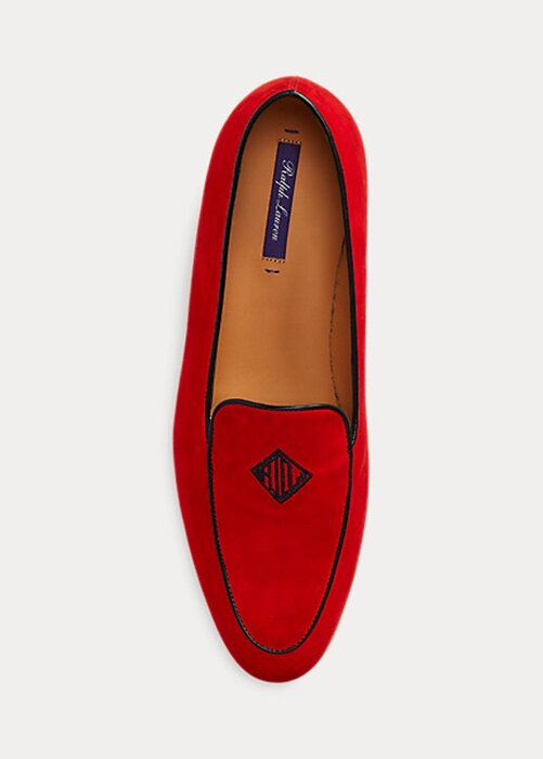 Červené dámské vyšívané kozí semišové mokasíny Ralph Lauren Laurel Červené dámské vyšívané kozí semišové mokasíny Ralph Lauren Laurel