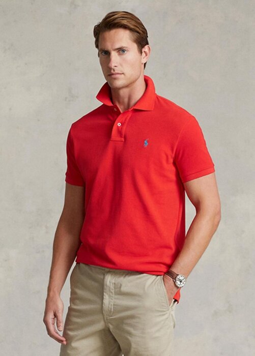 Červené pánské Slim Fit Mesh Polo košile Ralph Lauren Custom Červené pánské Slim Fit Mesh Polo košile Ralph Lauren Custom