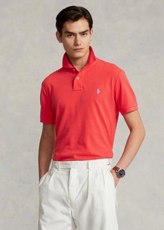 Červené pánské Slim Fit Mesh Polo košile Ralph Lauren Custom Červené pánské Slim Fit Mesh Polo košile Ralph Lauren Custom