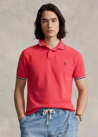 Červené pánské Slim Fit Mesh Polo košile Ralph Lauren Custom Červené pánské Slim Fit Mesh Polo košile Ralph Lauren Custom