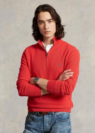 Červené pánské svetry Ralph Lauren síťované bavlněné svetry se čtvrtky na zip