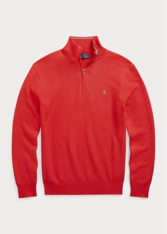 Červené pánské svetry Ralph Lauren síťované bavlněné svetry se čtvrtky na zip