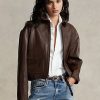 Hnědé dámské bundy Ralph Lauren Cropped Leather Bomber