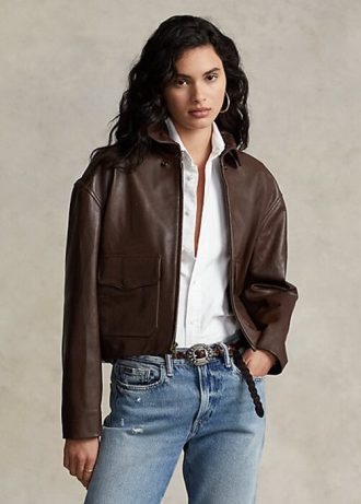 Hnědé dámské bundy Ralph Lauren Cropped Leather Bomber