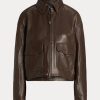 Hnědé dámské bundy Ralph Lauren Cropped Leather Bomber