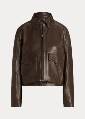 Hnědé dámské bundy Ralph Lauren Cropped Leather Bomber