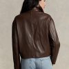 Hnědé dámské bundy Ralph Lauren Cropped Leather Bomber