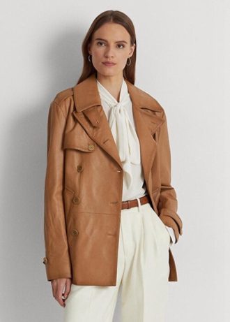 Hnědé dámské dvouřadé kožené kabáty Nappa Ralph Lauren